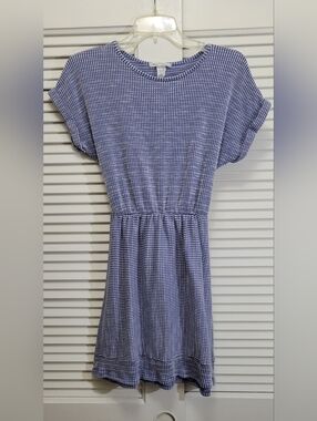 Caution To The Wind Blue and White Short-Sleeve Elastic-Waist Mini Dress